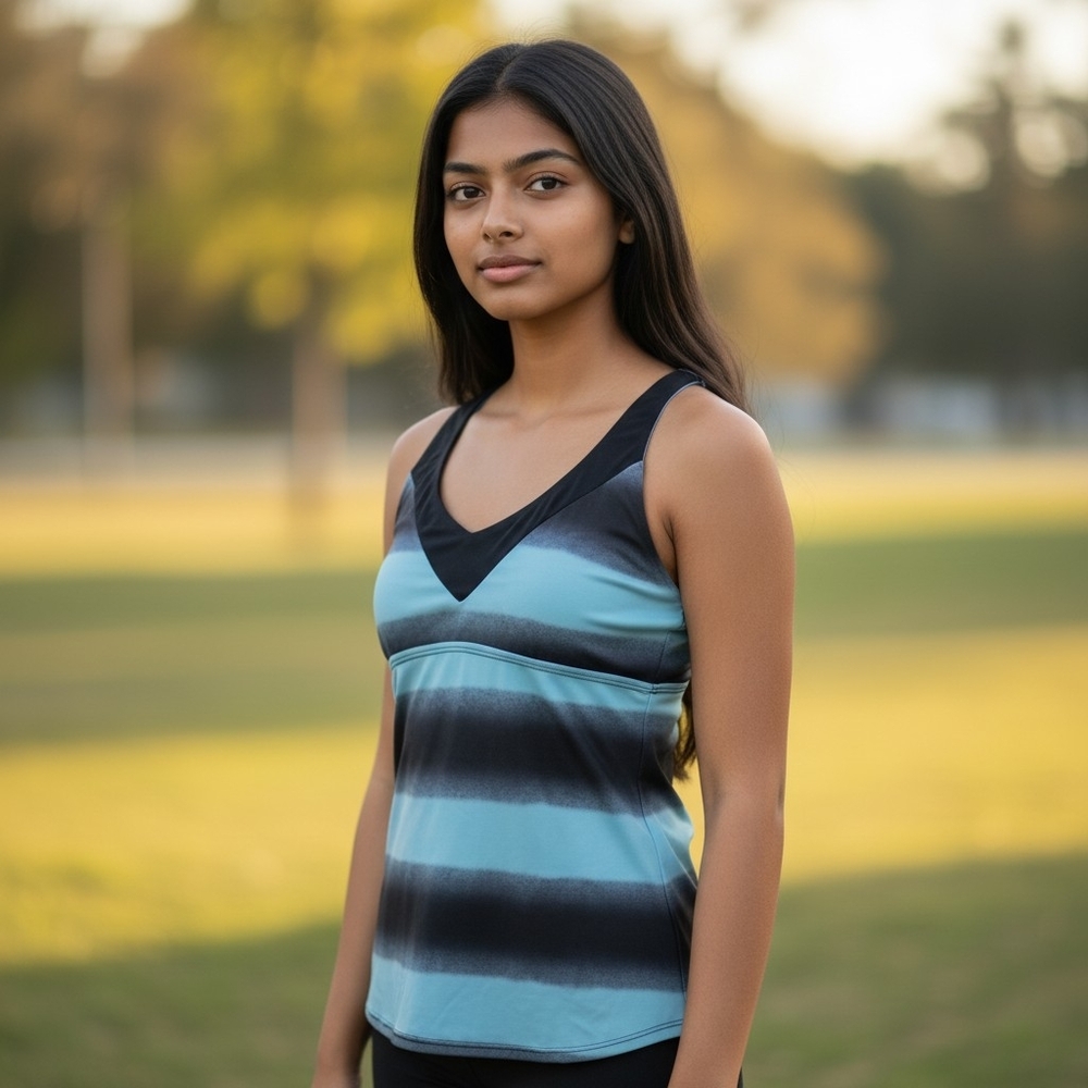 Women's Blue and Black Striped Tankini Top